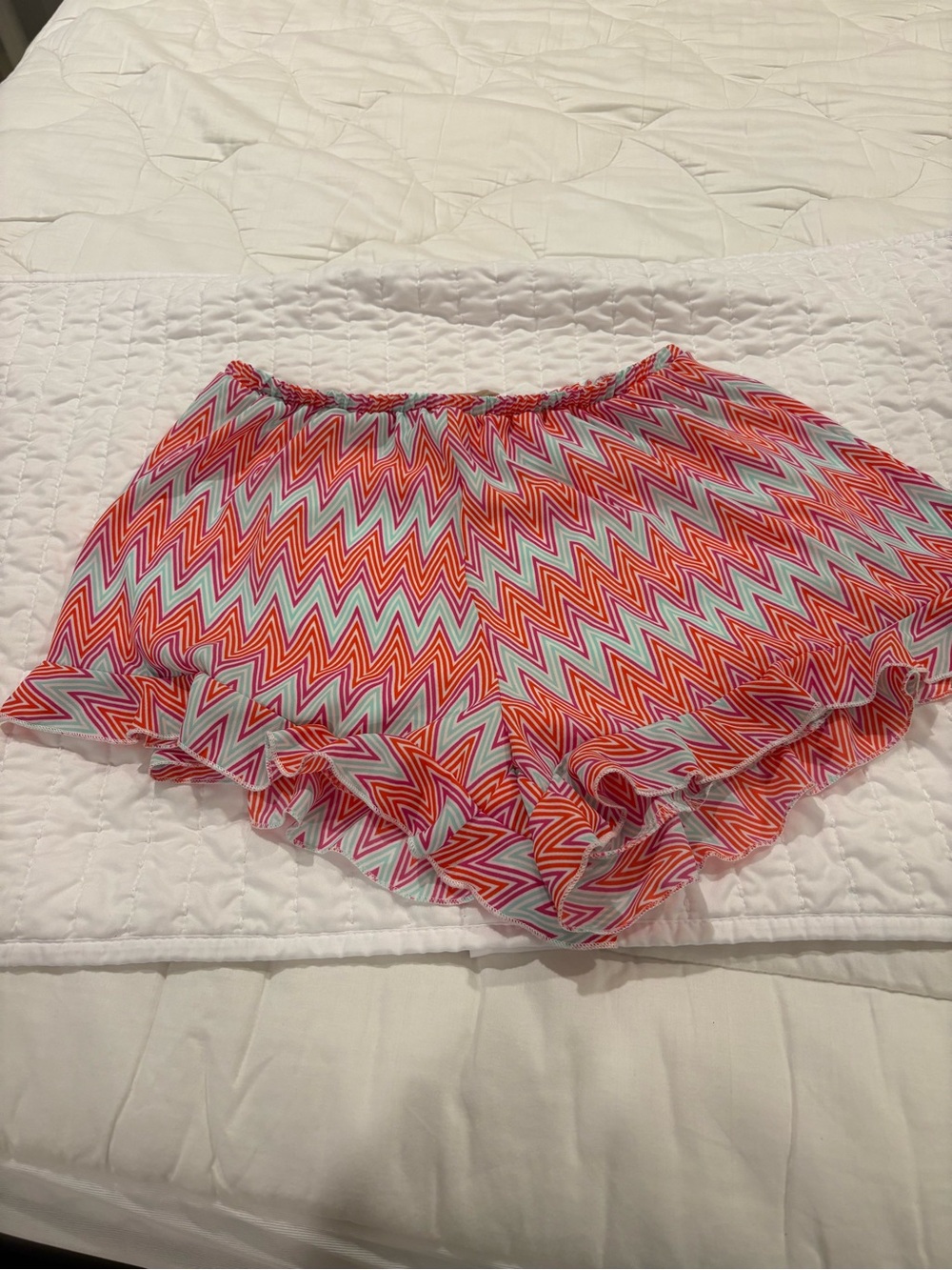Altar'd State Chevron Ruffle Shorts in Coral, Aqua & Pink